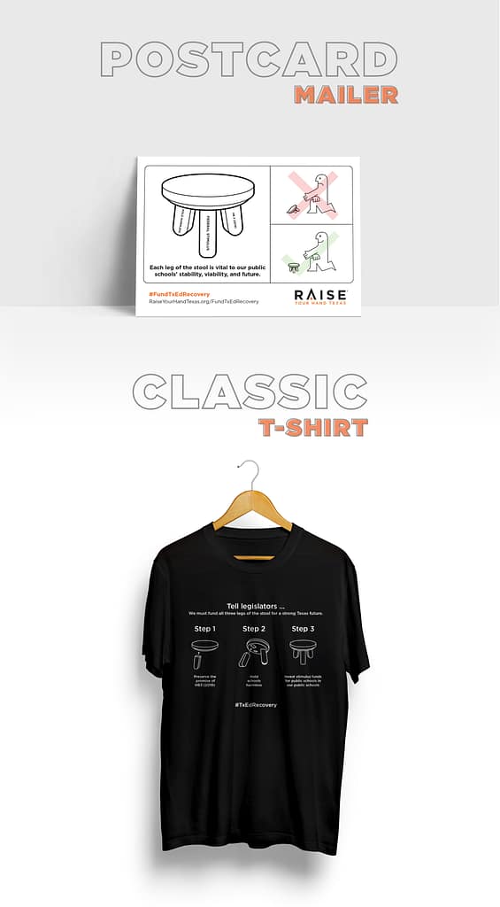 School Funding — Three-Legged Stool mailer and t shirt