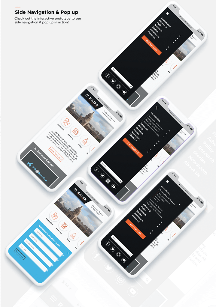 Raise Your Hand Texas Brand Identity mobile side nav